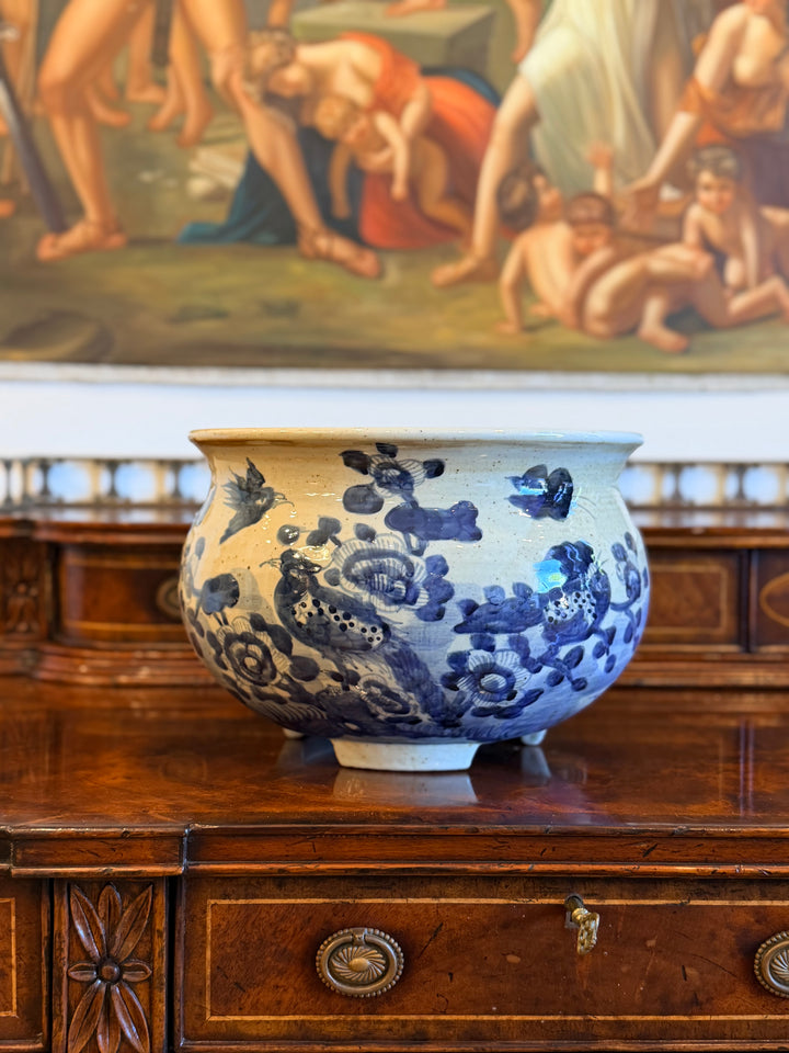 Blue and White Porcelain Pot with Hand-Painted Bird and Floral Motif