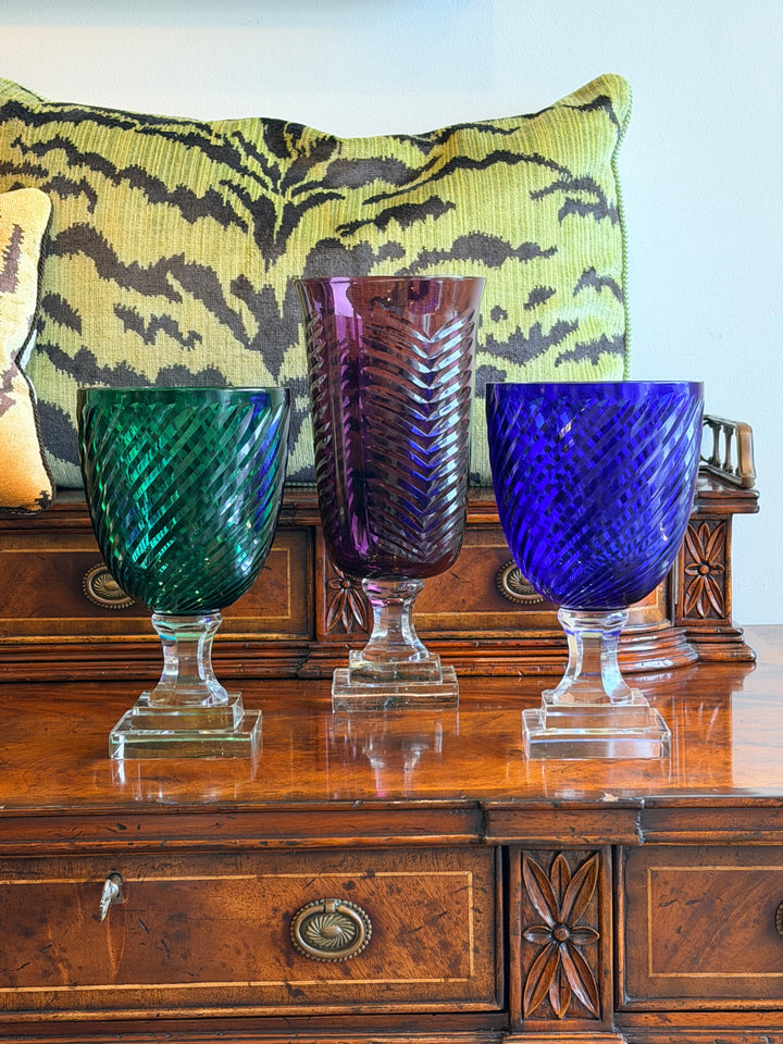 Green Cut Glass Hurricane on Faceted Base