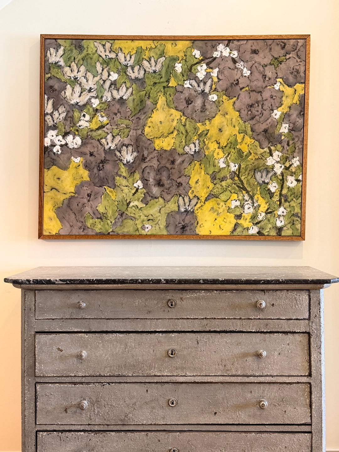 Large-scale contemporary botanical painting of ochre and floral field study by Housebound Interiors, vibrant floral art for modern decor.