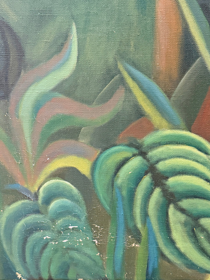Surrealist botanical landscape oil painting by M. Brandenberger, featuring vibrant, dreamlike plant scenes in a detailed art composition.