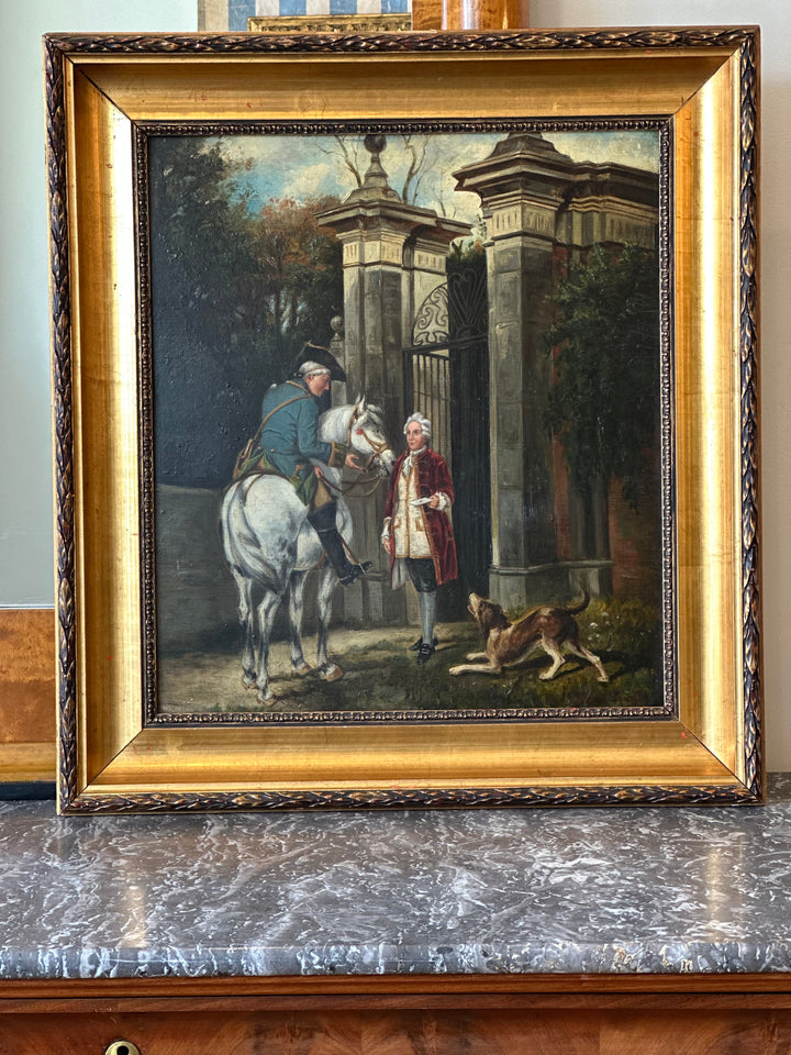 Figures at the Gate with Horse and Hound, 19th Century Continental School