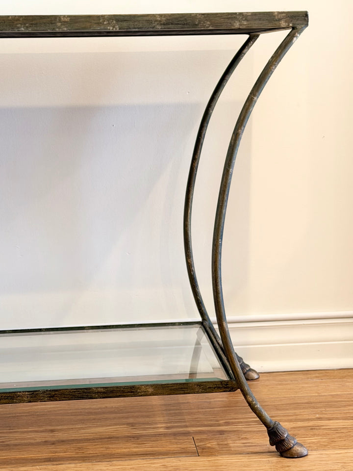 Italian Brass and Mirrored Console Table with Hoof Feet, 1970s