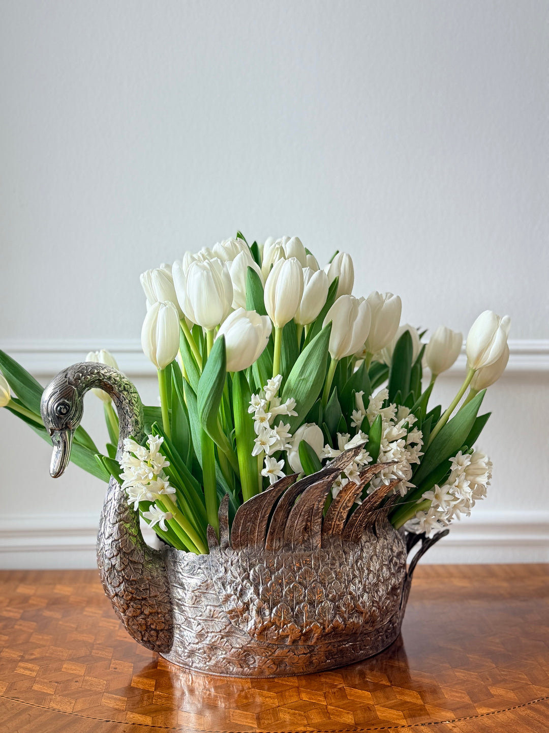 Silver sculptural swan jardinière from 20th-century Portugal, featuring an elegant bird-shaped design by Housebound Interiors.
