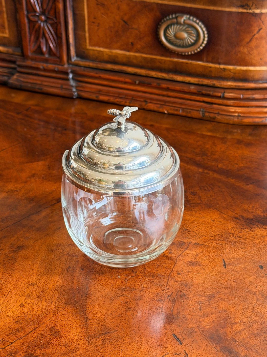 Cartier sterling silver and crystal honey pot with dragonfly finial, decorative jewelry or home accent piece.