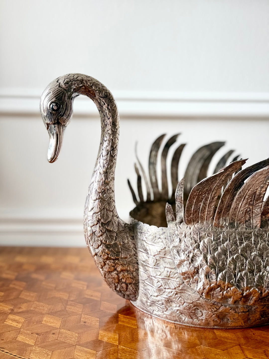 Silver swan-shaped jardinière with sculptural form, 20th-century Portuguese design by Housebound Interiors, detailed and artistic.