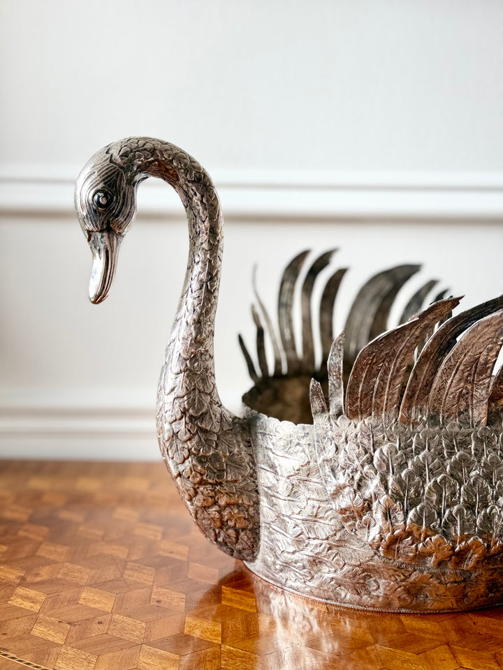 Silver swan-shaped jardinière with sculptural form, 20th-century Portuguese design by Housebound Interiors, detailed and artistic.