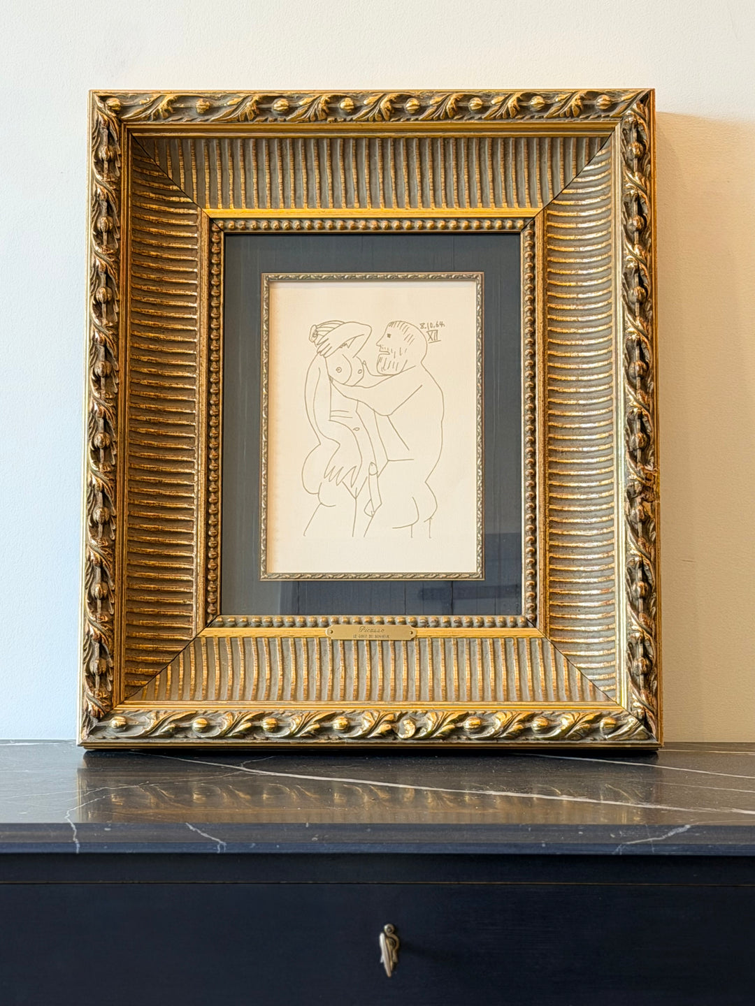 Colorful lithograph from Pablo Picasso's 1964 Sketchbooks titled "Le Goût du Bonheur," featuring abstract artistic elements.