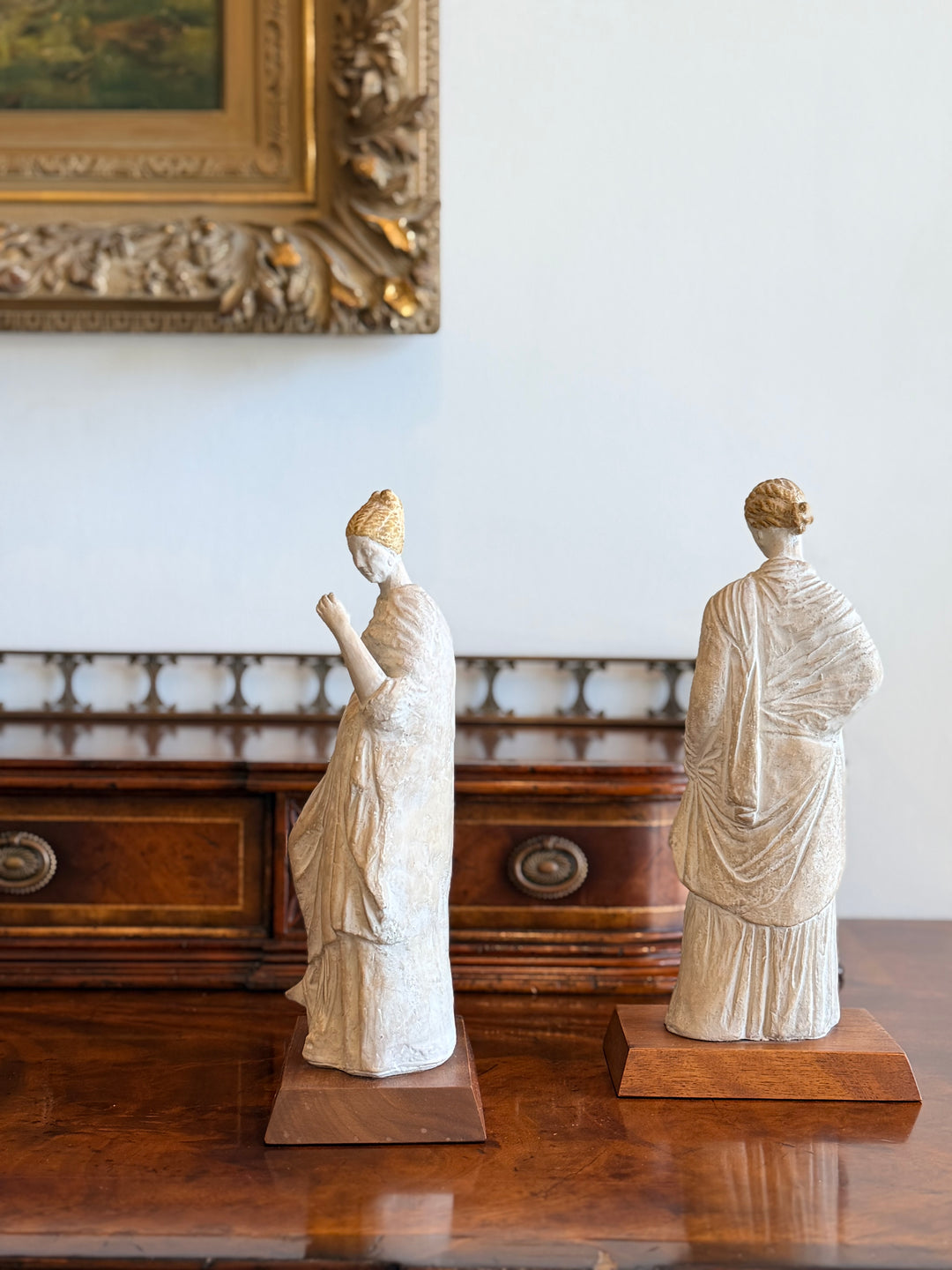1970s classical female figures plaster cast sculptures on wood bases, vintage museum-style art by Housebound Interiors.
