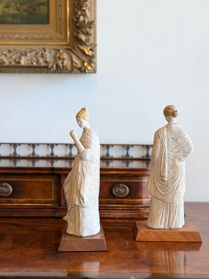1970s classical female figures plaster cast sculptures on wood bases, vintage museum-style art by Housebound Interiors.