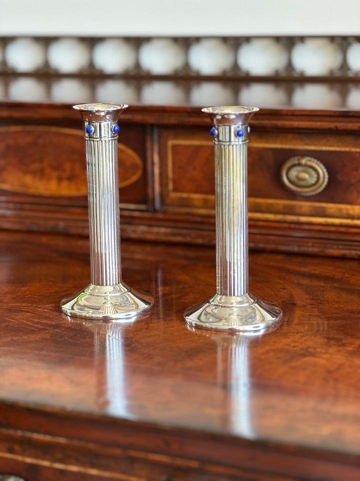 Rare Vintage Cartier Silver and Lapis Lazuli Columnar Candlesticks, France, ca. 1980s