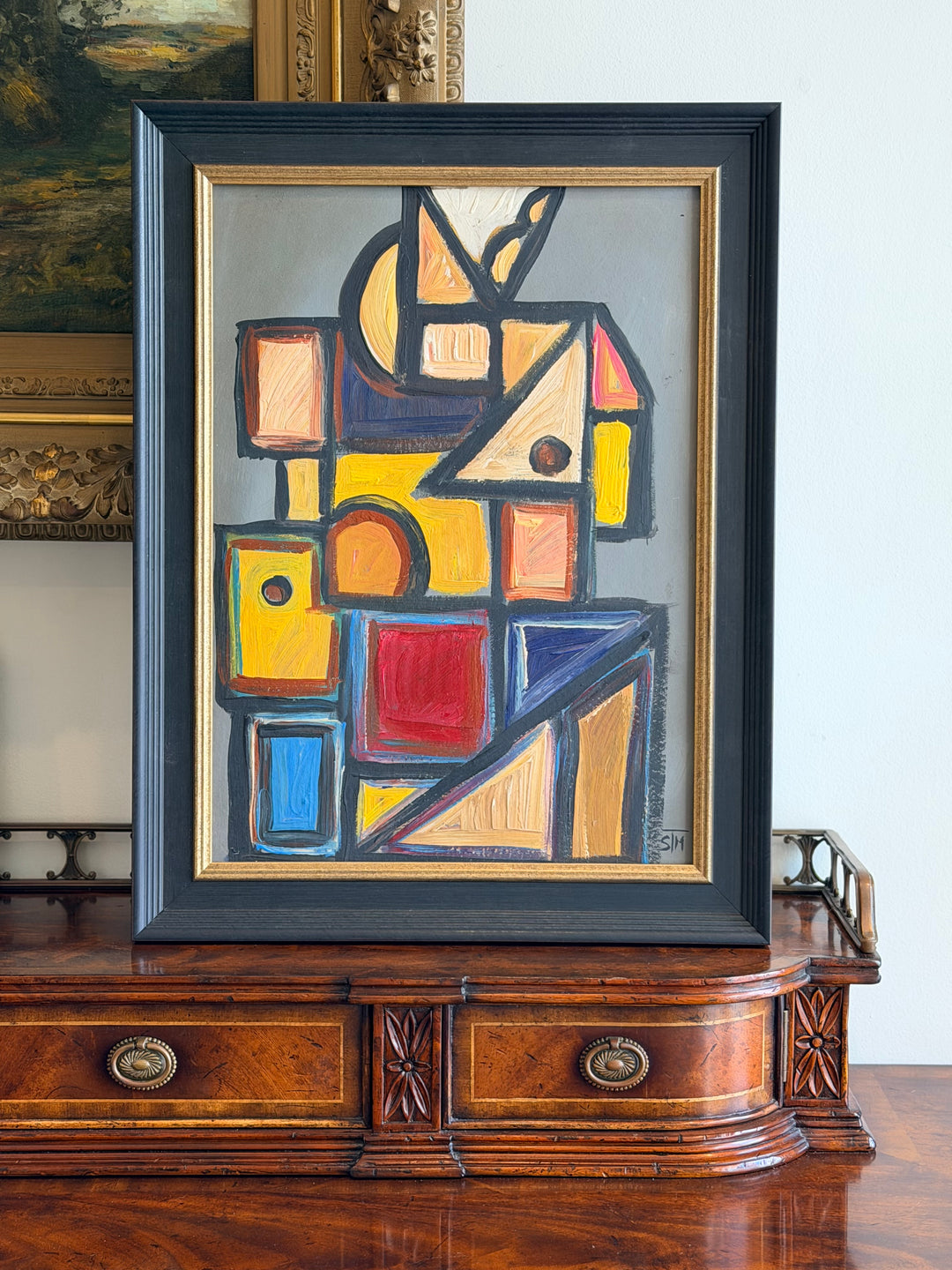 Still life oil painting by S.M., Italian Postwar Modernist art from the 1950s, featuring vibrant colors and abstract forms.