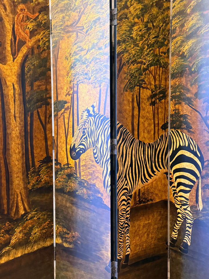 Hand-Painted Four-Panel Zebra Room Divider, circa 1970s