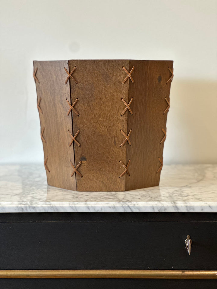 Modernist Wood and Suede-Stitched Basket - 20th Century