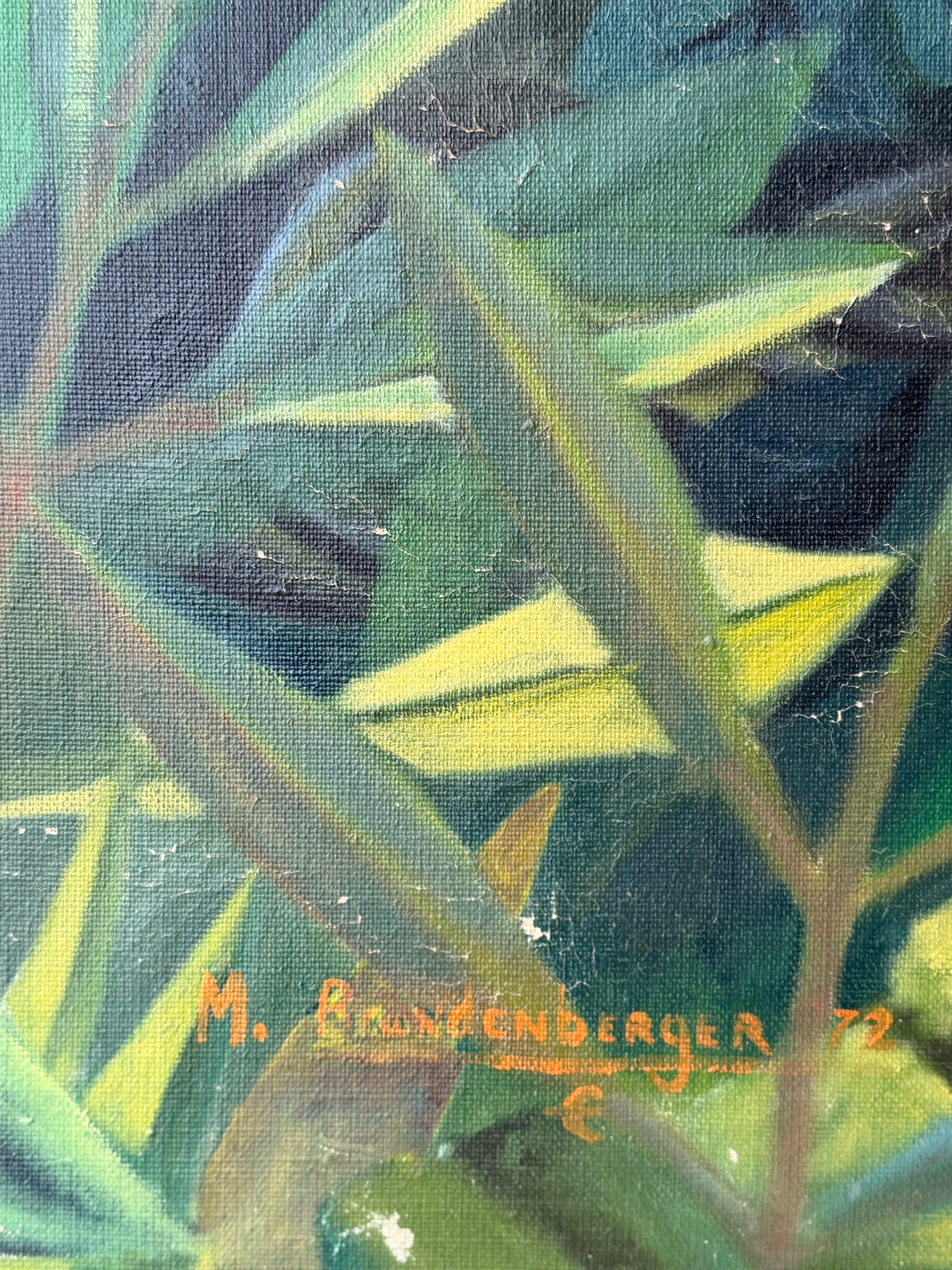 Surrealist botanical landscape oil painting by M. Brandenberger, featuring vibrant plants and dreamlike scenery, displayed in a fine art setting.