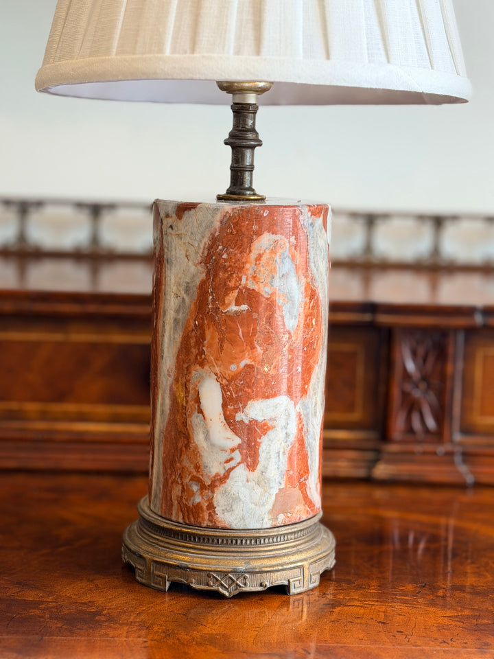 Italian Rouge and Ivory marble column lamps by Housebound Interiors with elegant custom pleated shades on a classic table.