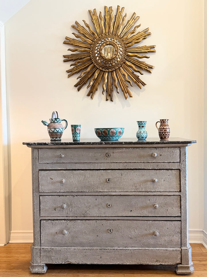 19th century French painted commode with marble top, showcasing ornate design and antique wood finish by Housebound Interiors