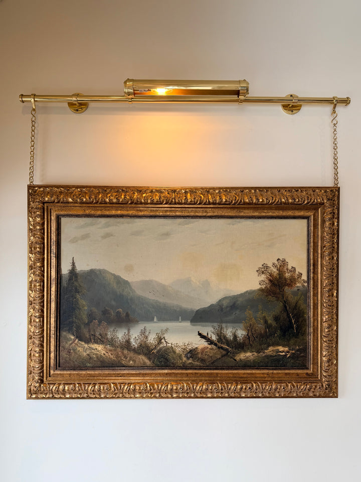 Early 20th-century Alpine Stillness mountain lake landscape painting by Housebound Interiors, depicting serene mountain scenery
