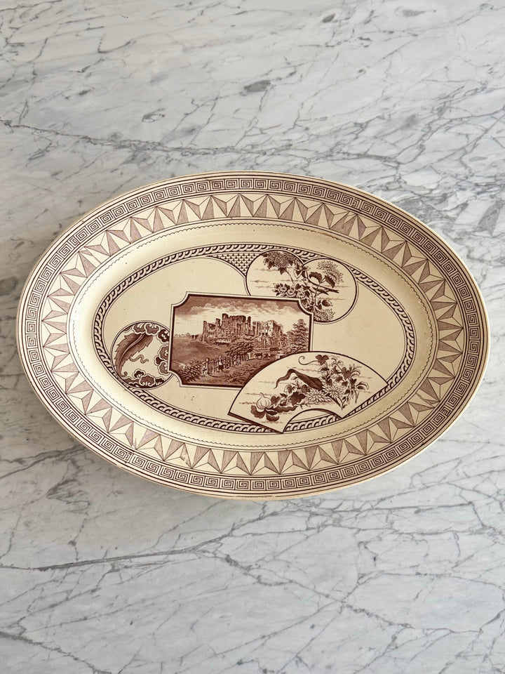 Victorian English Transferware Platter with Greek Key and Architectural Landscape, late 19th Century