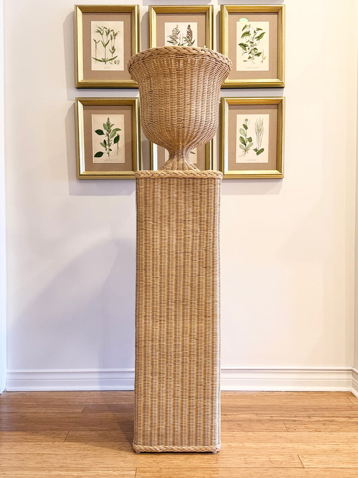 Classical Form Handwoven Rattan Urn and Plinth