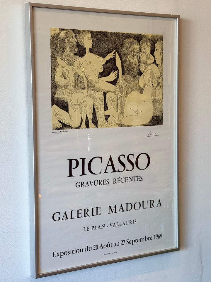 1969 Pablo Picasso exhibition poster from Galerie Madoura Vallauris showing recent etchings and artworks by Picasso.