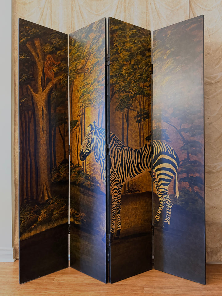 Hand-Painted Four-Panel Zebra Room Divider, circa 1970s