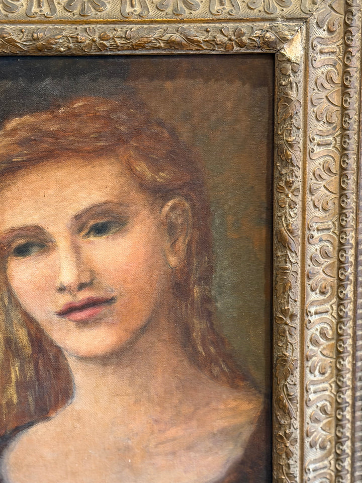 Vintage 1930s American school portrait of a young woman in a carved frame, displayed by Housebound Interiors.