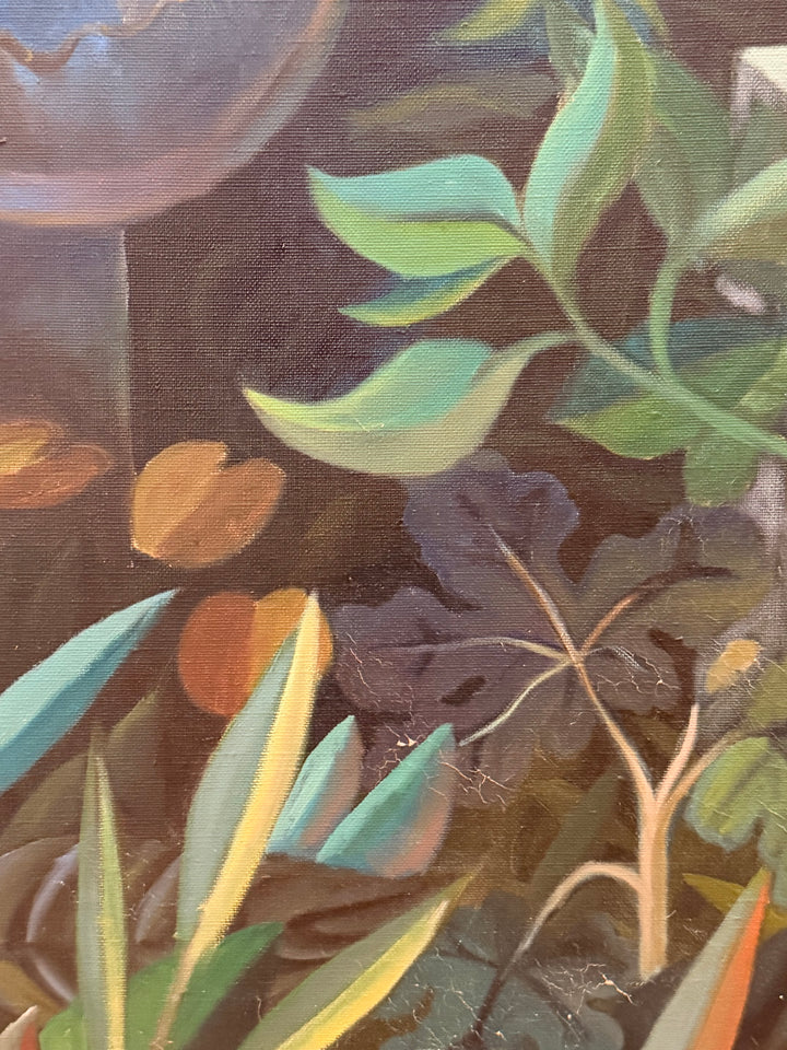 Surrealist botanical landscape oil painting by M. Brandenberger, featuring vibrant colors and intricate plant details.