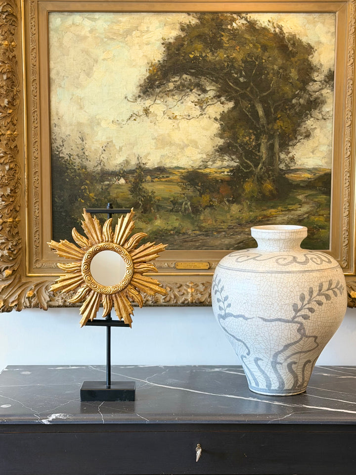 Gilt Sunburst Louis XIV style mirror with ornate gold frame and intricate detailing, decorative wall mirror by Housebound Interiors