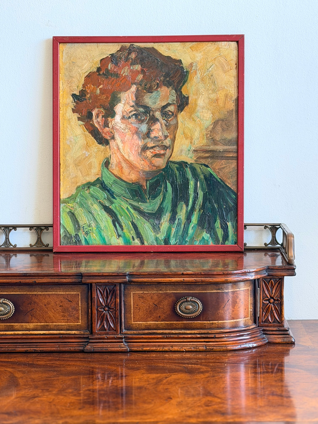 European Expressionist oil painting on board from 1953, featuring bold colors and abstract figures, by Housebound Interiors.