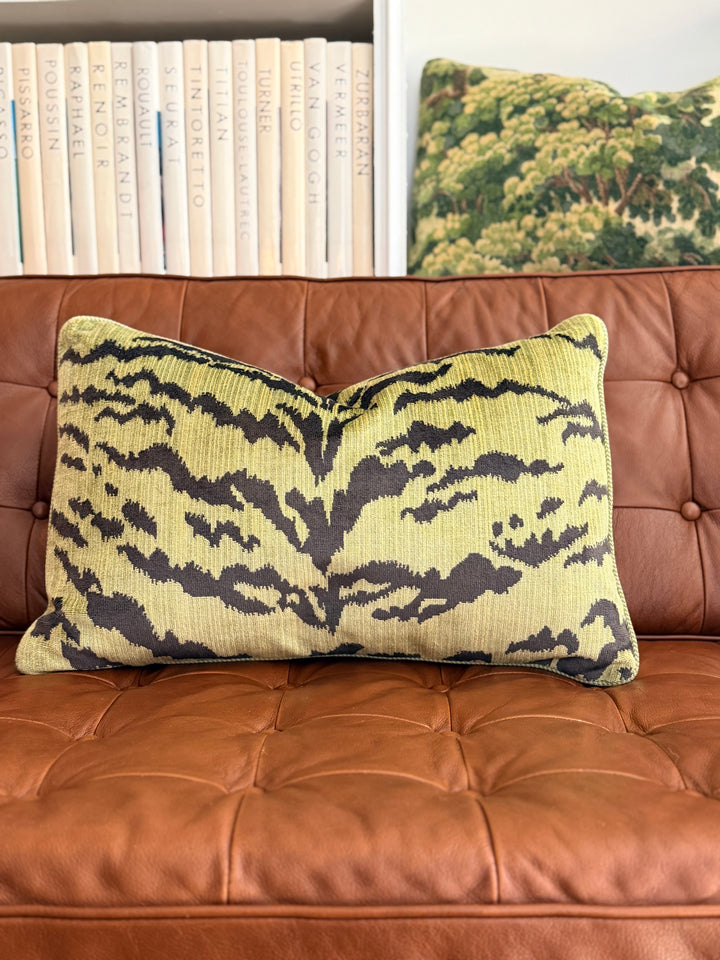 Scalamandré “Tigre” Velvet Pillow in Moss Green and Charcoal - Large