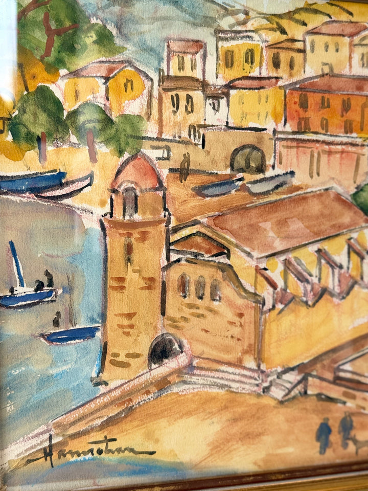 1970 French school watercolor painting of Collioure harbor scene, signed, by Housebound Interiors. Bright Mediterranean seaside view.