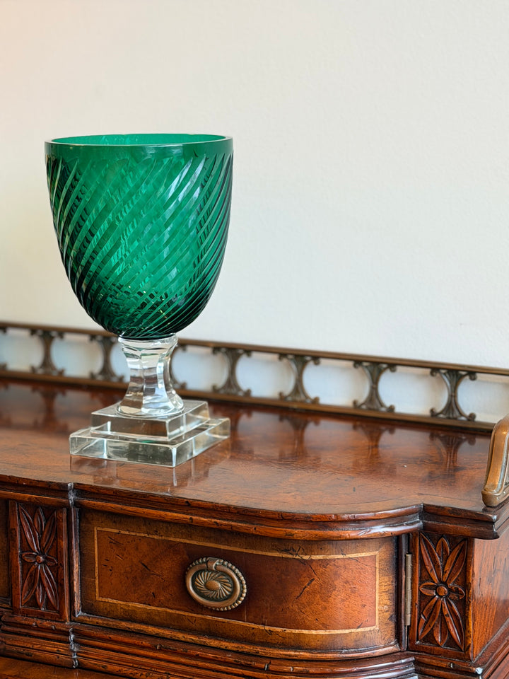 Green Cut Glass Hurricane on Faceted Base