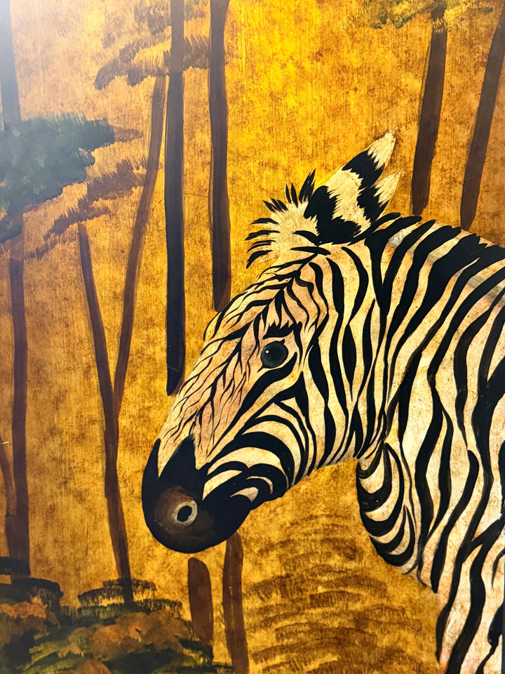 Hand-Painted Four-Panel Zebra Room Divider, circa 1970s