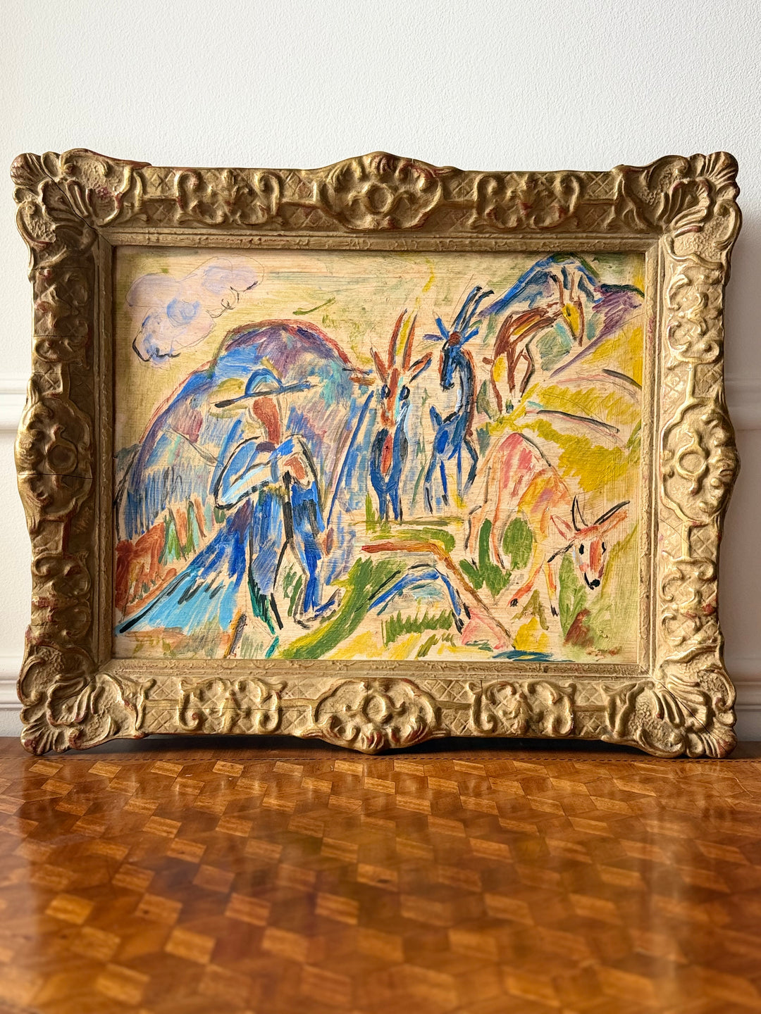 French Expressionist Pastoral Scene with Goats — Oil on Board 1950
