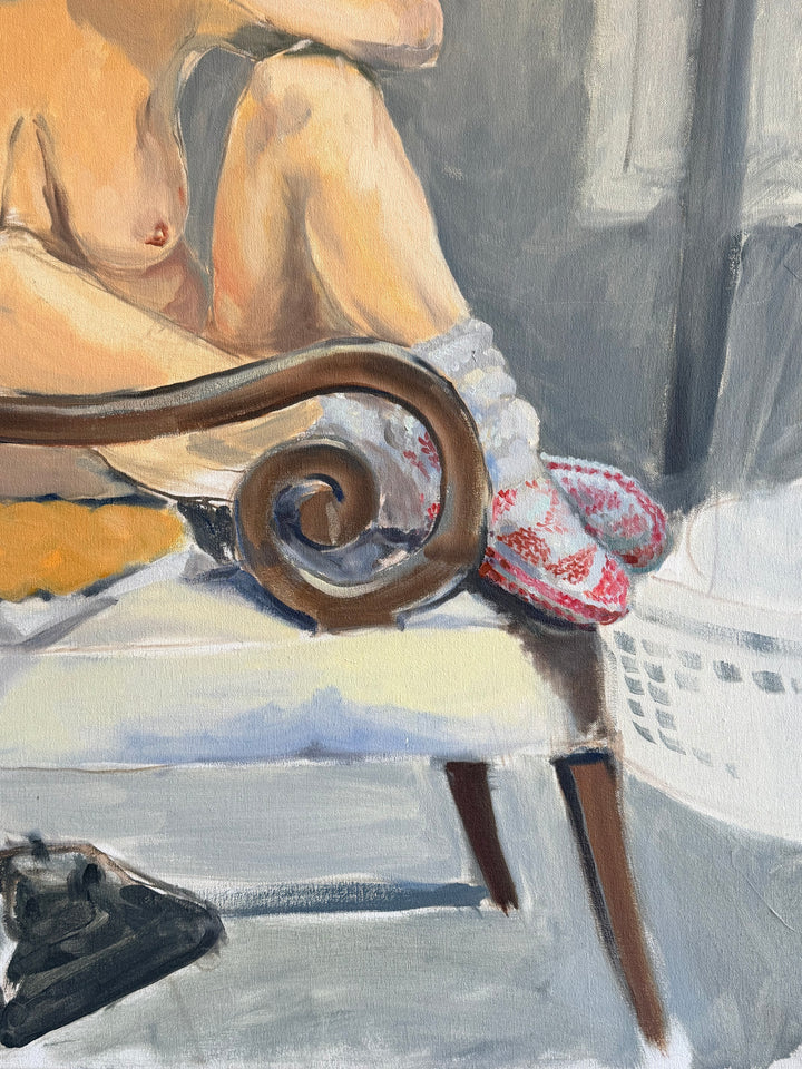 Large figurative interior study of a seated nude woman with a telephone, oil on canvas, late 20th century artwork by Housebound Interiors