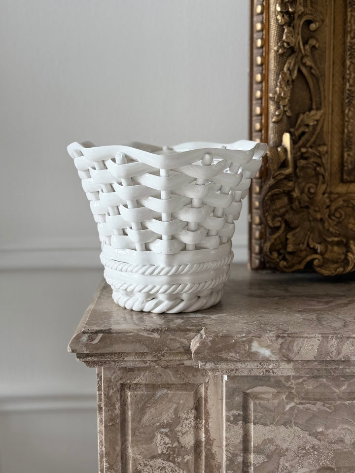 Italian White Ceramic Basketweave Cachepot - 1960s