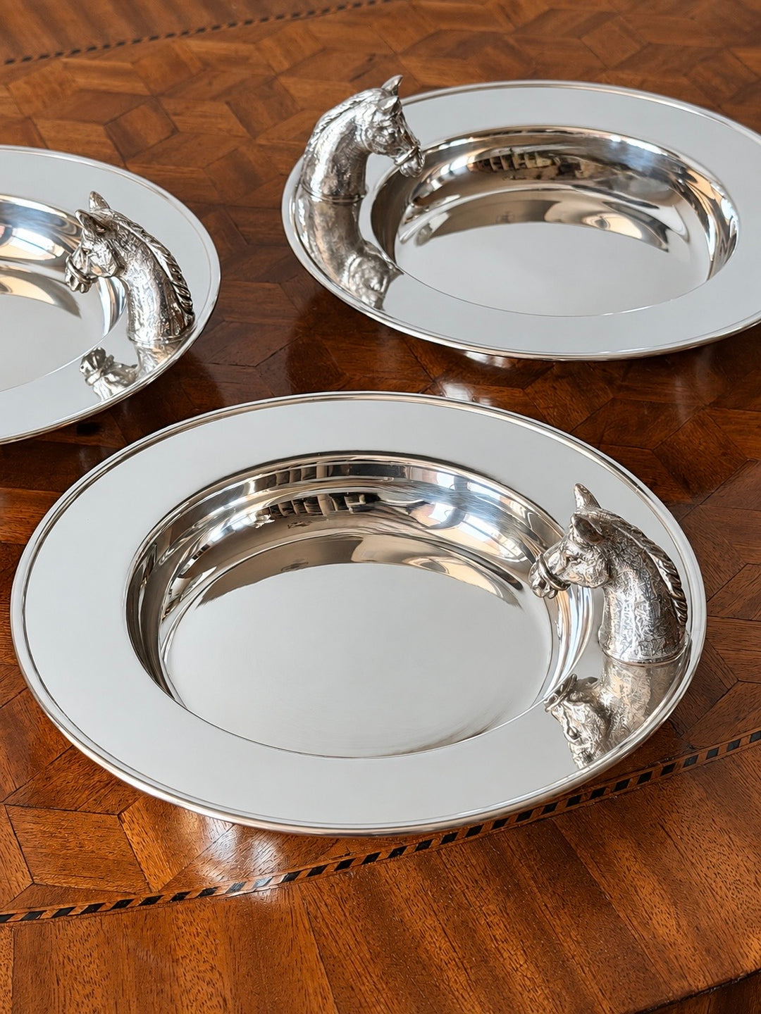 English silver horse form catchall by Housebound Interiors, decorative metal tray with horse design for keys and small items
