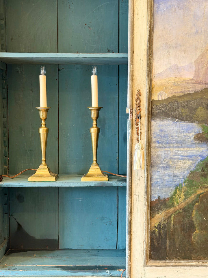 Pair of English brass candlestick table lamps with ornate detailing, perfect for vintage or classic home decor.