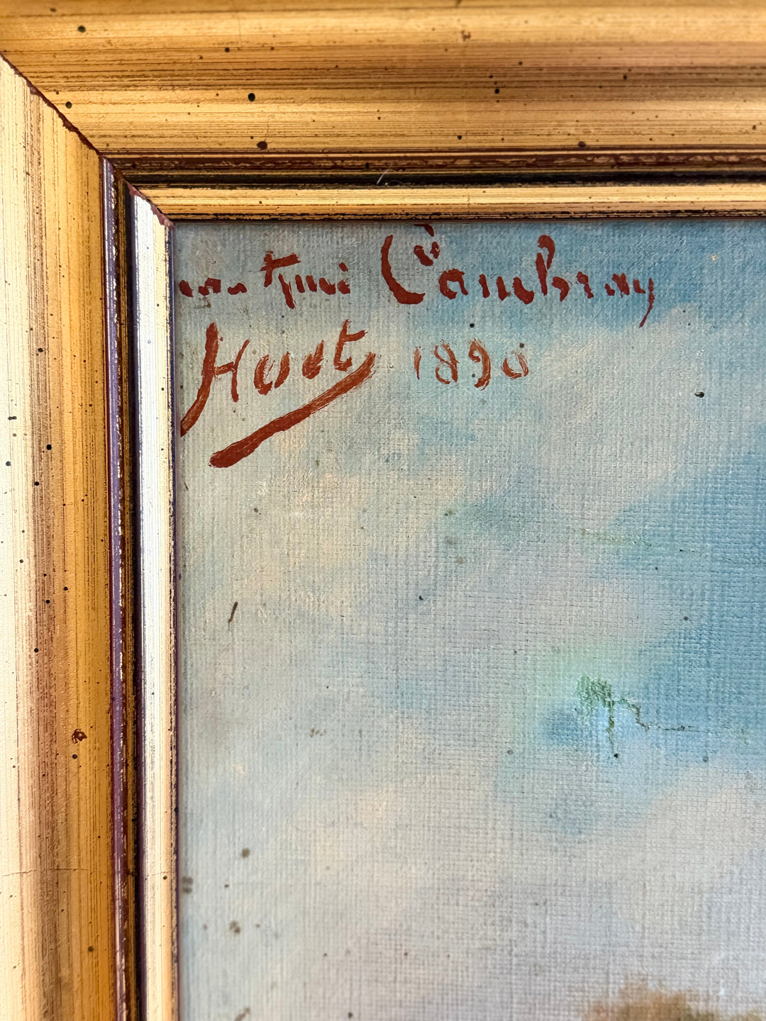 Antique French Barbizon School landscape oil painting from 1890, featuring serene nature scene with soft colors and brushwork.