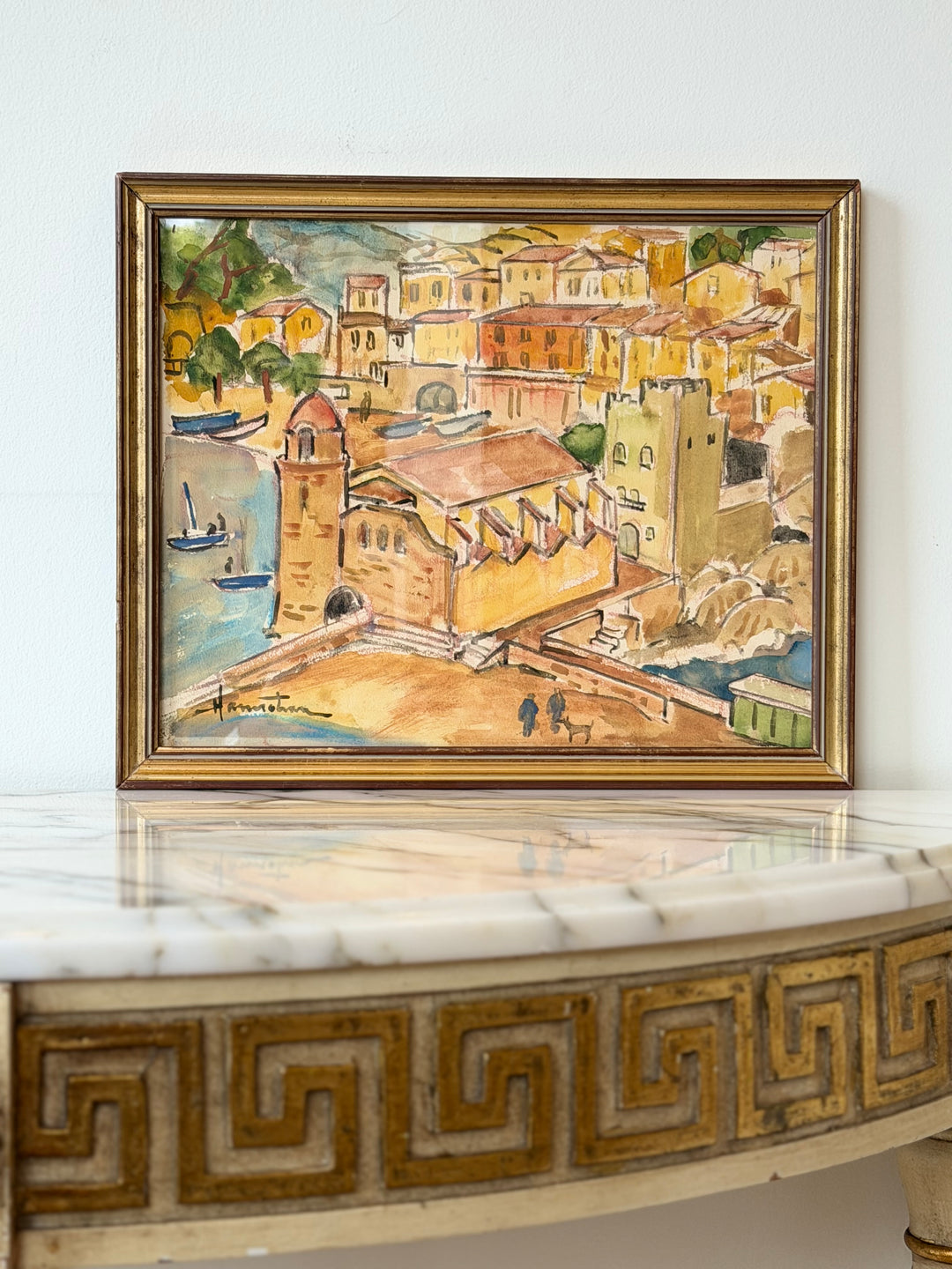 1970 French school watercolour painting of Collioure harbor scene, signed, by Housebound Interiors.