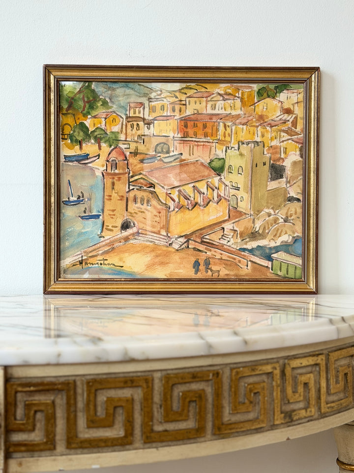 1970 French school watercolour painting of Collioure harbor scene, signed, by Housebound Interiors.
