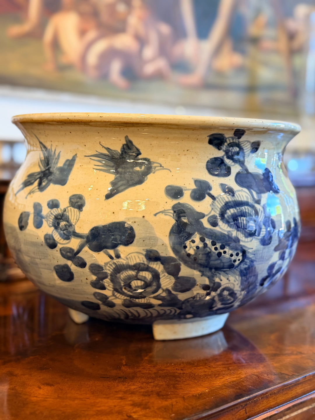 Blue and White Porcelain Pot with Hand-Painted Bird and Floral Motif
