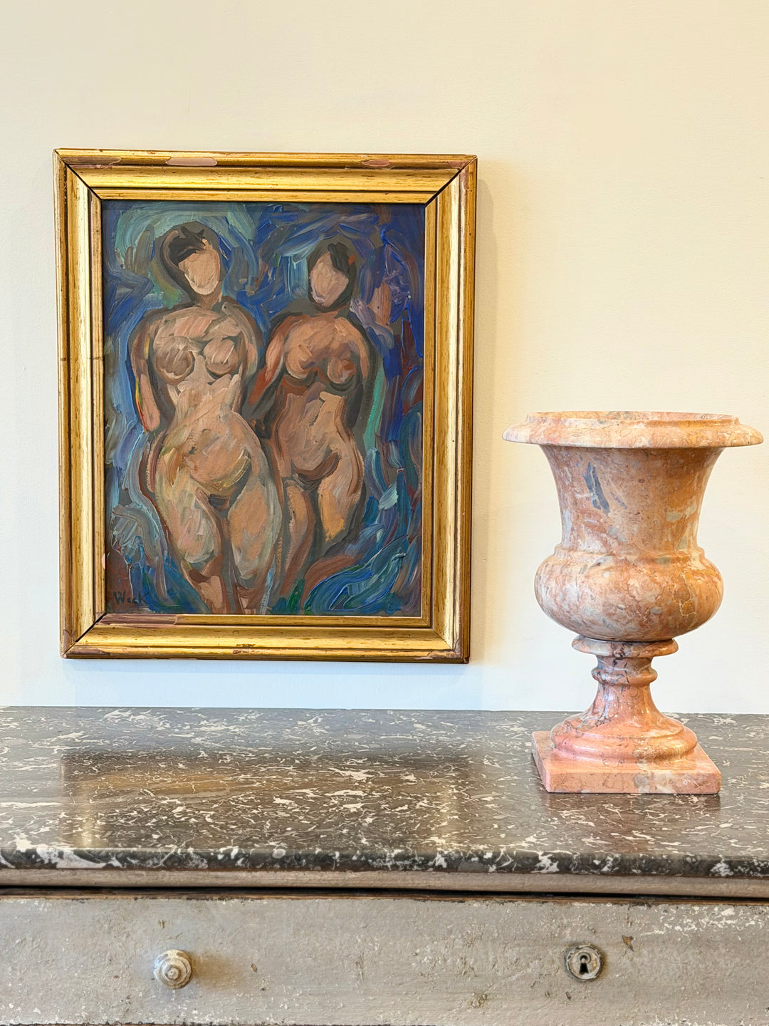 Double figure modernist oil painting on board by Weck, 1950s Italian style, signed artwork with abstract human figures.