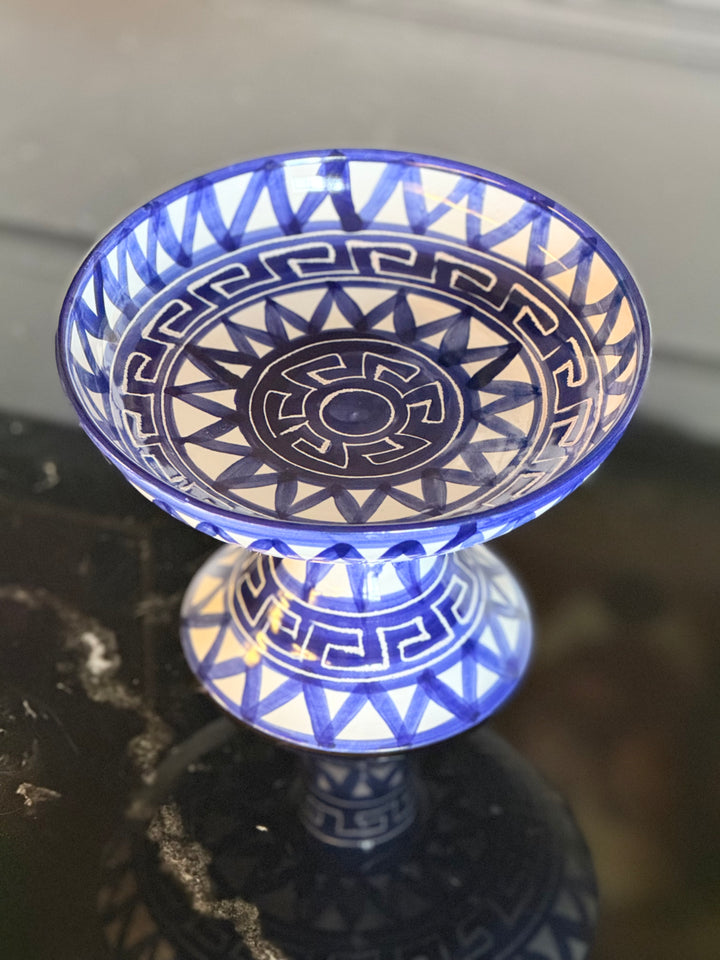 Robert Picault Vallauris ceramic pedestal bowl with Greek key geometric detail, 20th-century art pottery, Housebound Interiors.