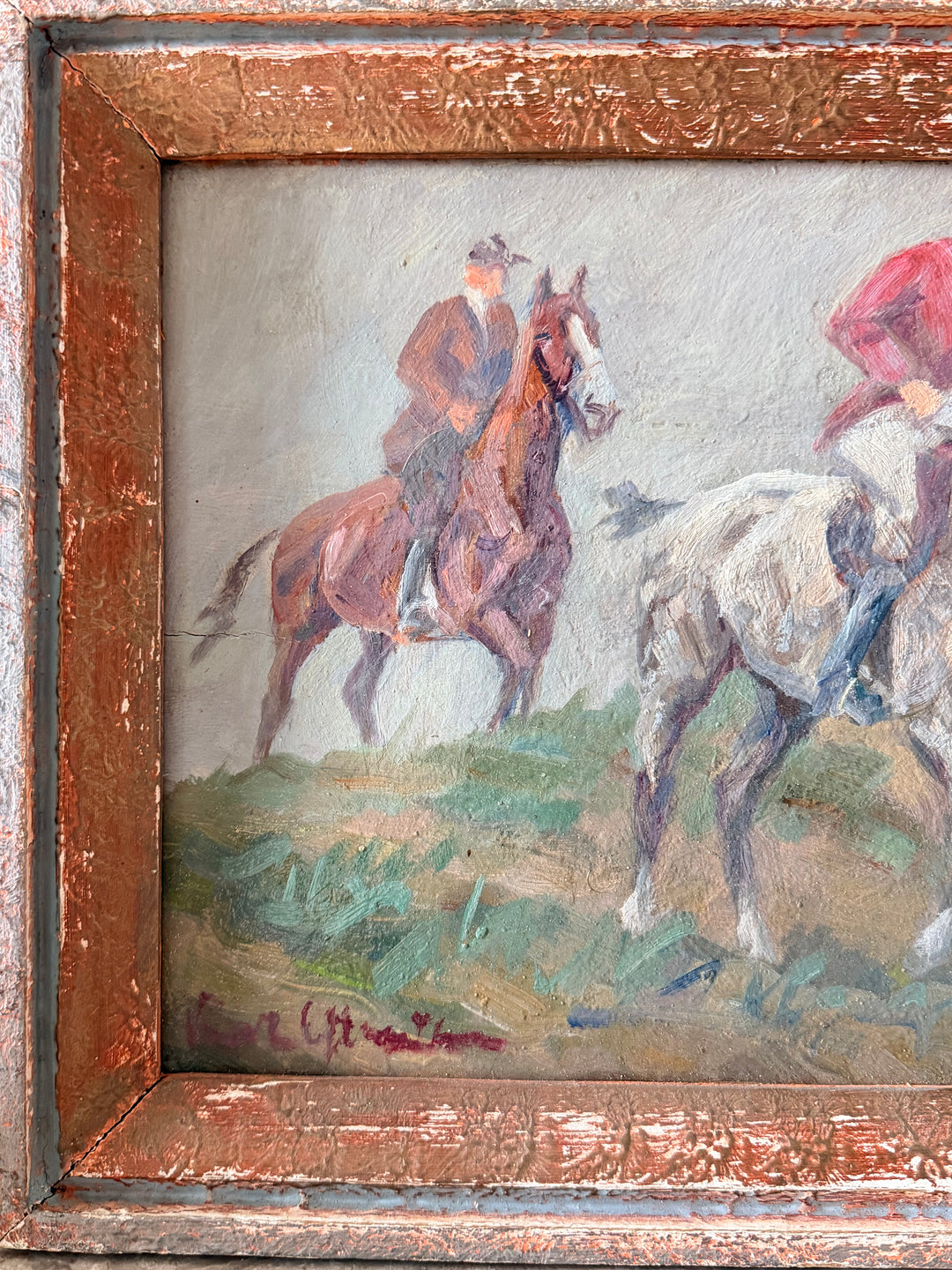 English Equestrian Hunt Scene Oil on Board - 1940