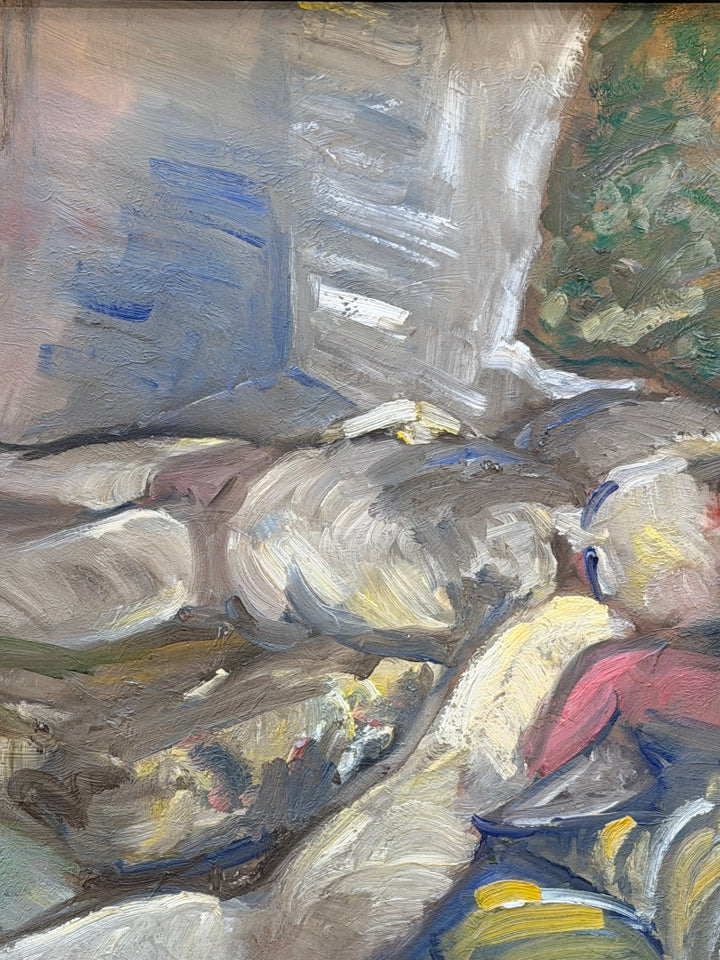 Colorful Italian Expressionist figural painting from the 1960s showcasing bold brushstrokes and abstract human figures.