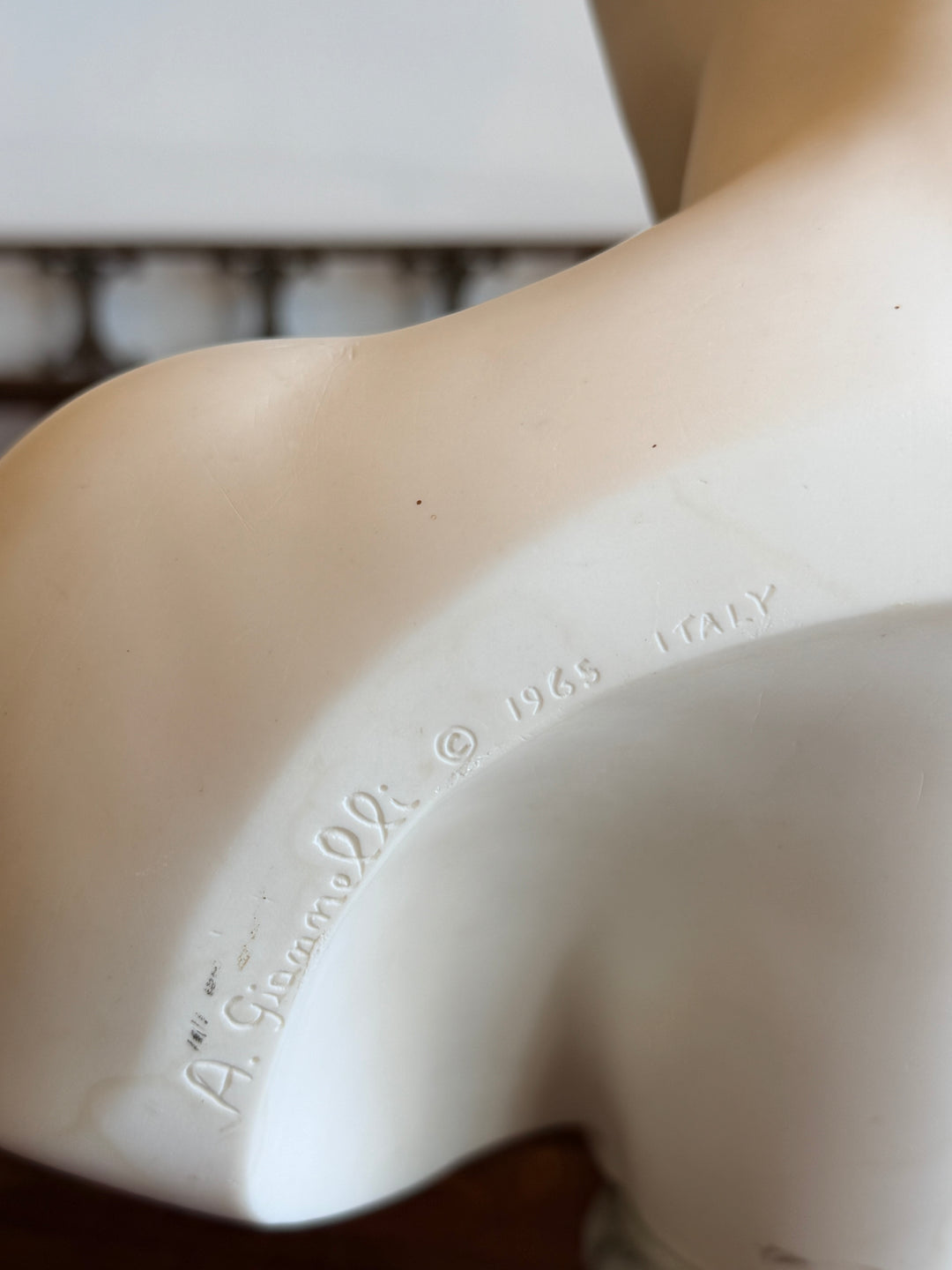 Vintage Italian classical male torso bust on marble base, signed 1965, from Housebound Interiors, detailed marble sculpture artwork