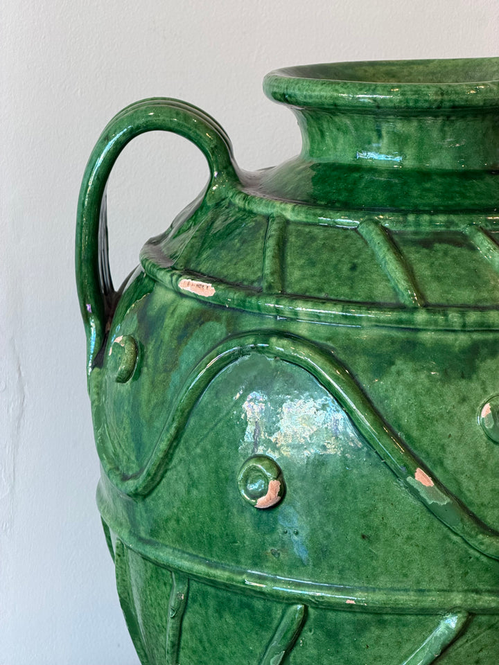Large Italian emerald glazed pottery vase with sculptural relief decoration, crafted by Housebound Interiors.