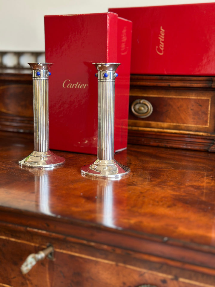 Rare Vintage Cartier Silver and Lapis Lazuli Columnar Candlesticks, France, ca. 1980s