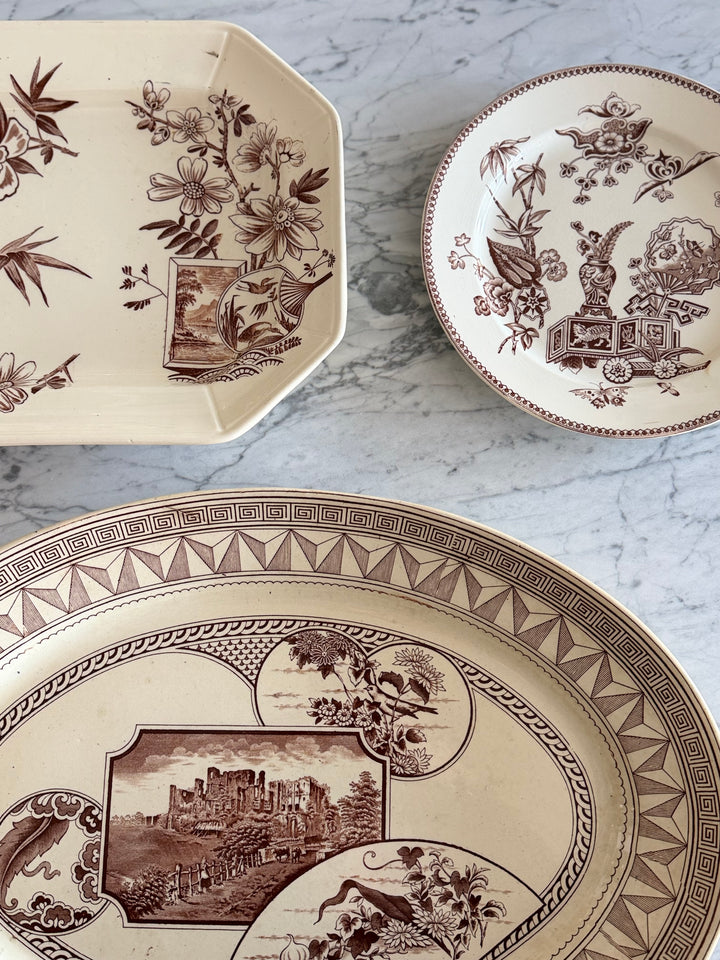 Victorian English Transferware Platter with Greek Key and Architectural Landscape, late 19th Century